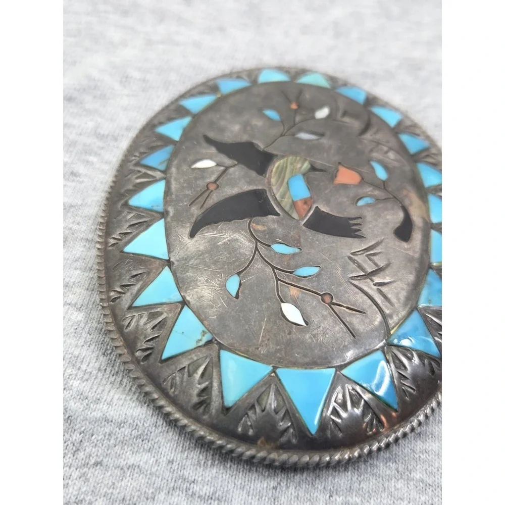 Navajo Benjamin Becenti Sterling Silver Turquoise Inlay Hummingbird Belt Buckle
